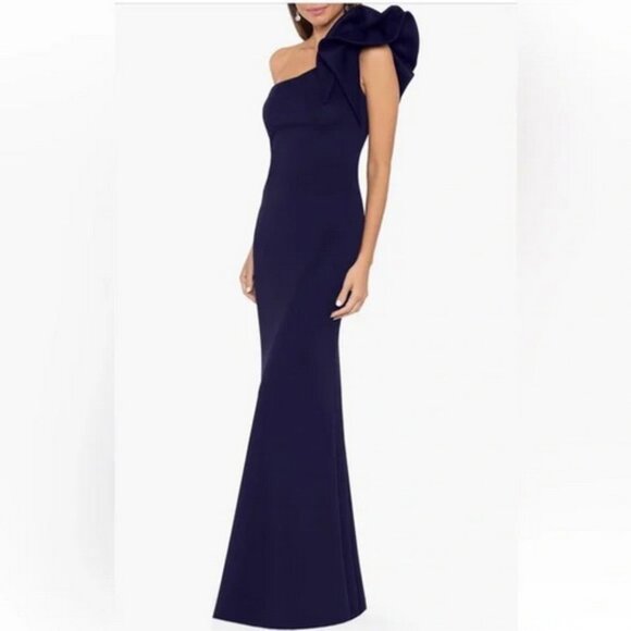 Betsy & Adam Navy Blue Ruffle One‎ Shoulder Scuba Trumpet Gown - Picture 1 of 2